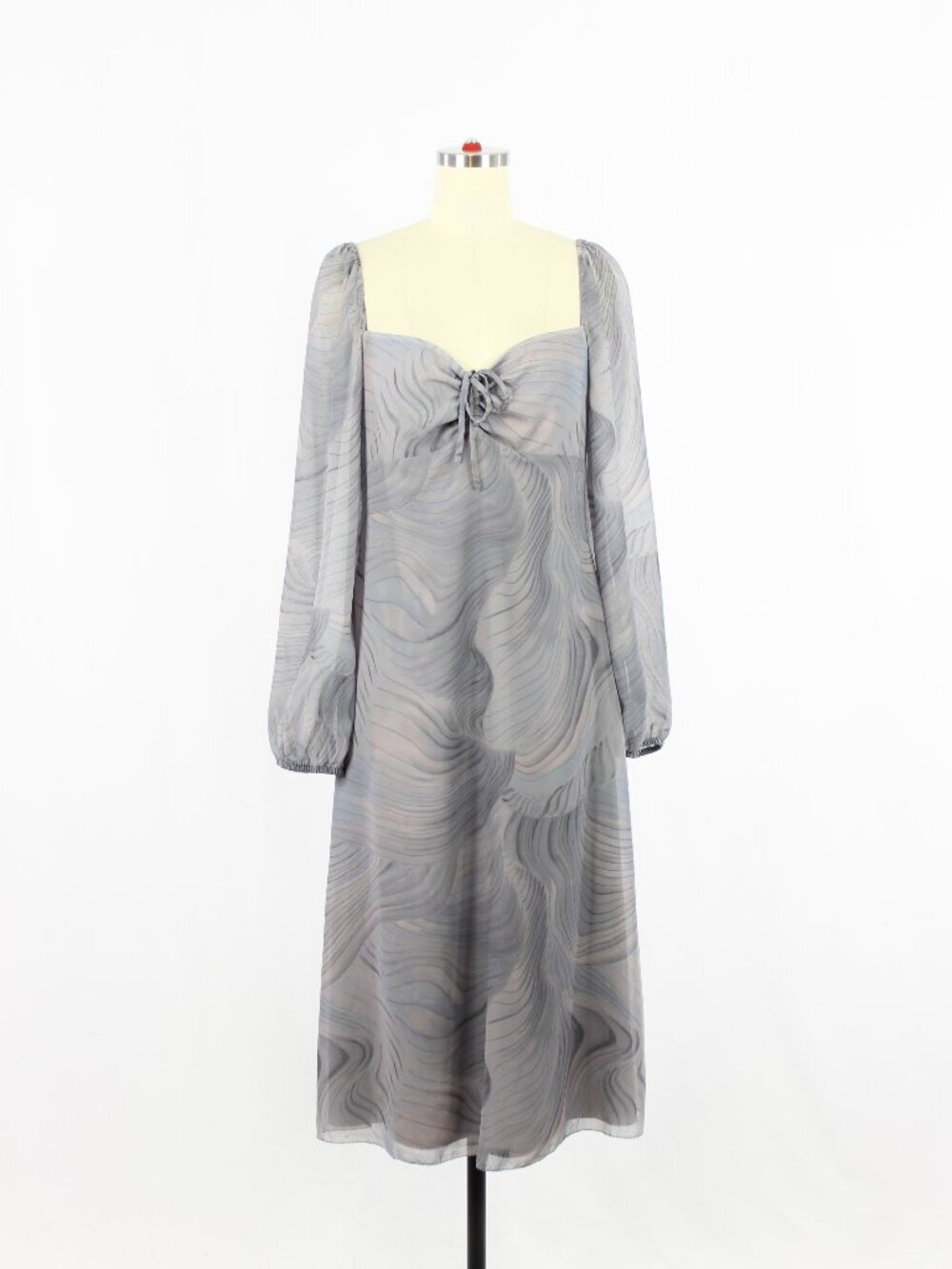 Aritzia WILFRED Jacqueline Grey Printed Chiffon Long Sleeve Midi Dress, Size 8
